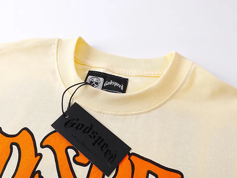 3131# P106 Real shot Godspeed American fashion rock street retro loose printed cotton short sleeves Fabric: 240g 32 count fine cotton double yarn pure cotton Color: apricot Size: S M L XL