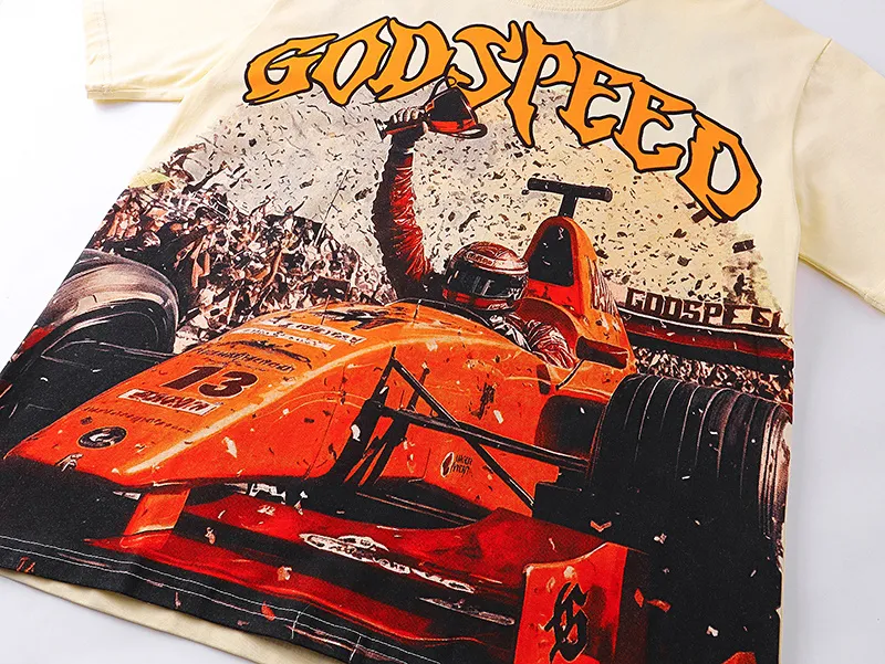 3131# P106 Real shot Godspeed American fashion rock street retro loose printed cotton short sleeves Fabric: 240g 32 count fine cotton double yarn pure cotton Color: apricot Size: S M L XL