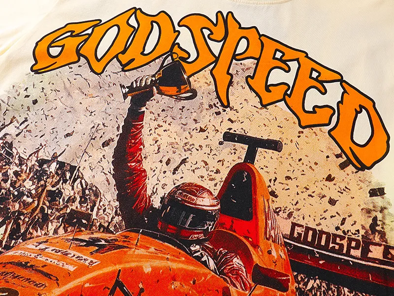3131# P106 Real shot Godspeed American fashion rock street retro loose printed cotton short sleeves Fabric: 240g 32 count fine cotton double yarn pure cotton Color: apricot Size: S M L XL