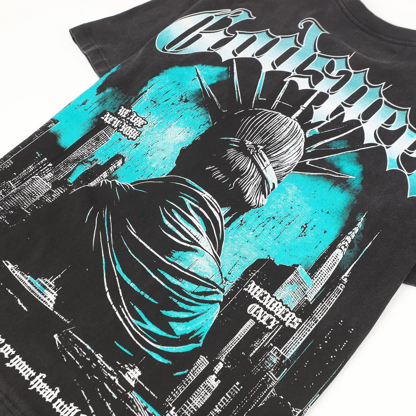 6099#washed black I P116 high-definition printing. soft touch Godspeed cross-border American rock and roll street washed retro style short-sleeved T (craft printing) fabric (fabric): 32 counts combed double yarn 250 grams weight code (size): S-M-L-XL color (colour): washed black 👉 👉 👉 👉