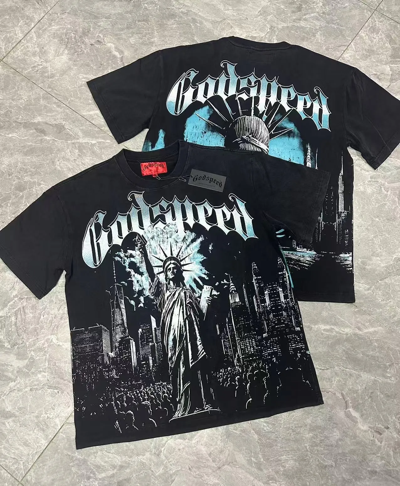 6099#washed black I P116 high-definition printing. soft touch Godspeed cross-border American rock and roll street washed retro style short-sleeved T (craft printing) fabric (fabric): 32 counts combed double yarn 250 grams weight code (size): S-M-L-XL color (colour): washed black 👉 👉 👉 👉