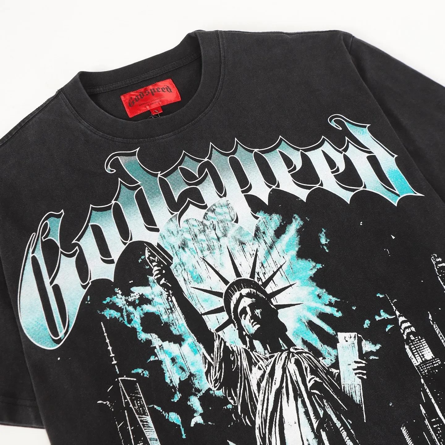 6099#washed black I P116 high-definition printing. soft touch Godspeed cross-border American rock and roll street washed retro style short-sleeved T (craft printing) fabric (fabric): 32 counts combed double yarn 250 grams weight code (size): S-M-L-XL color (colour): washed black 👉 👉 👉 👉