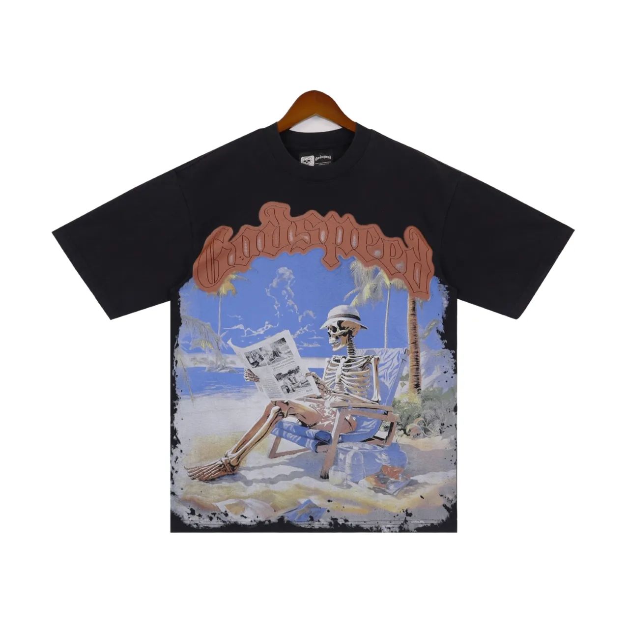 Style No.: 2852 Fabric: 230g washed P126 Real shot, spot beauty and trendy Godspeed skull print washed and distressed high quality double yarn casual round neck short-sleeved T-shirt for men and women Color; washed black Size: S M L XL