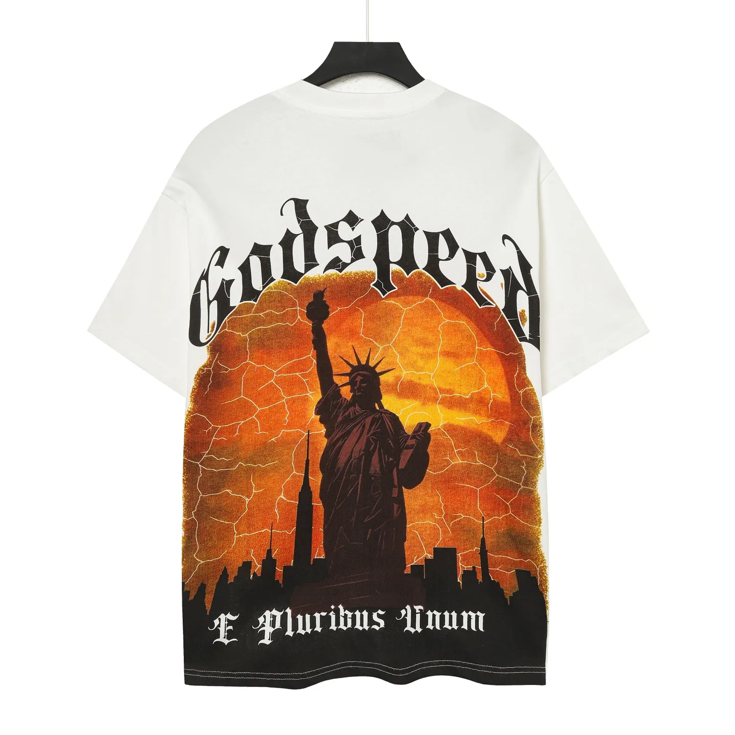 52💰5053#White Godspeed cross-border American rock and roll street washed retro style short-sleeved T (craft printing) fabric (fabric): 32 counts combed double yarn 240 grams weight code number (size): S-M-L-XL color (colour): white
