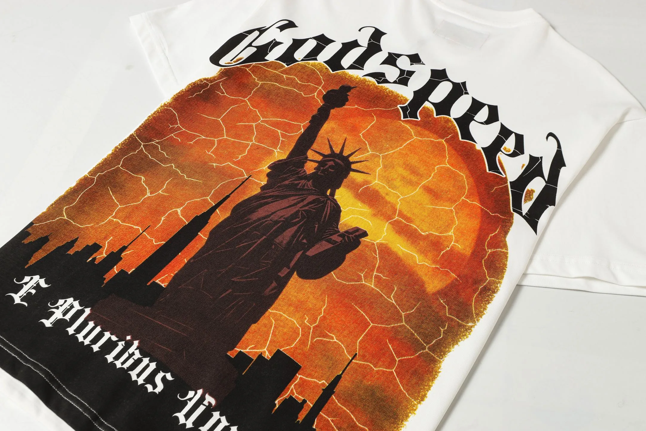 52💰5053#White Godspeed cross-border American rock and roll street washed retro style short-sleeved T (craft printing) fabric (fabric): 32 counts combed double yarn 240 grams weight code number (size): S-M-L-XL color (colour): white