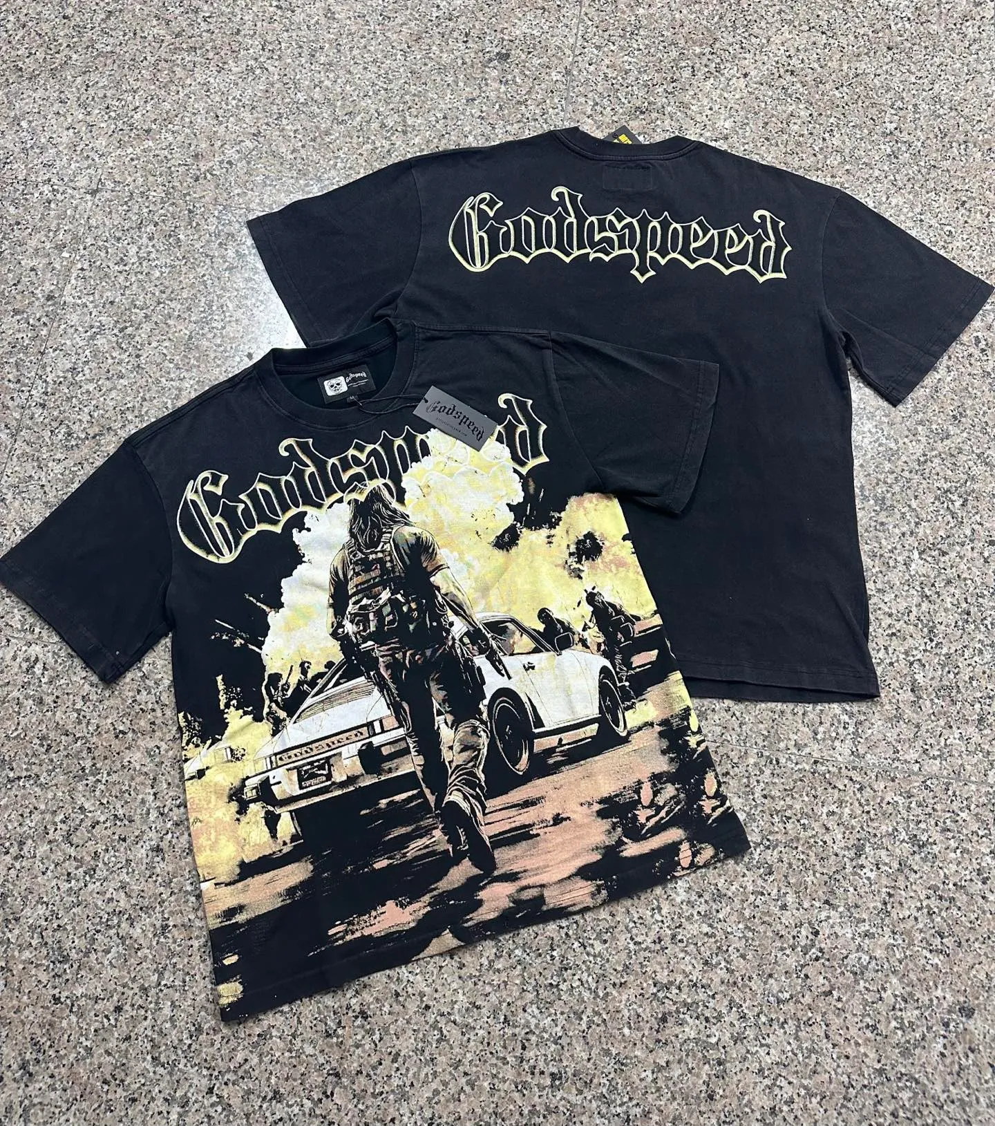 6137# Washed black I P116 Real stock (American fashion niche) Godspeed cross-border American rock street washed retro style short-sleeved T (craft printing) Fabric (fabric): 32 counts combed double yarn 250 grams weight Size (size): S-M-L-XL Color (colour): Washed black