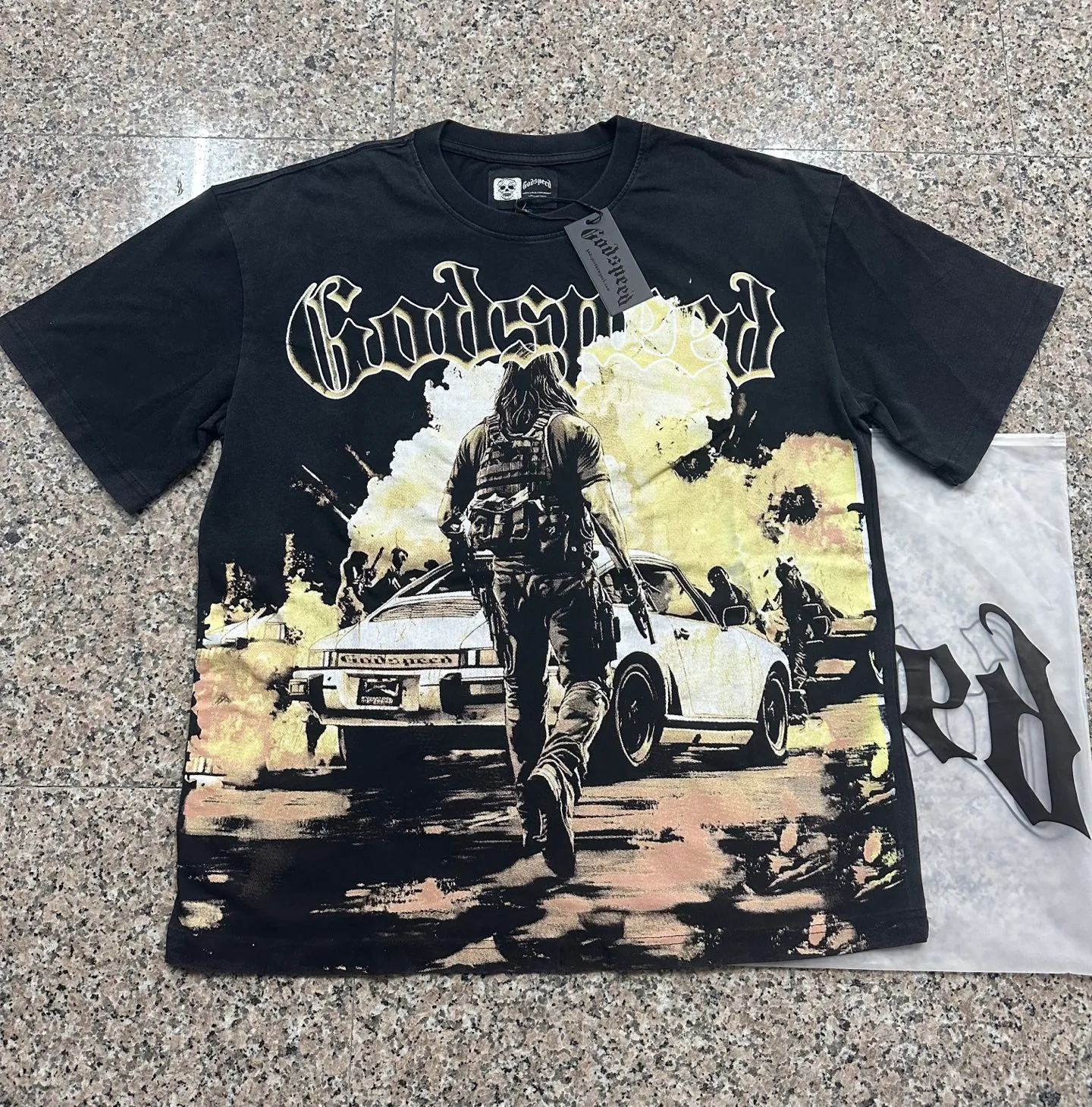6137# Washed black I P116 Real stock (American fashion niche) Godspeed cross-border American rock street washed retro style short-sleeved T (craft printing) Fabric (fabric): 32 counts combed double yarn 250 grams weight Size (size): S-M-L-XL Color (colour): Washed black