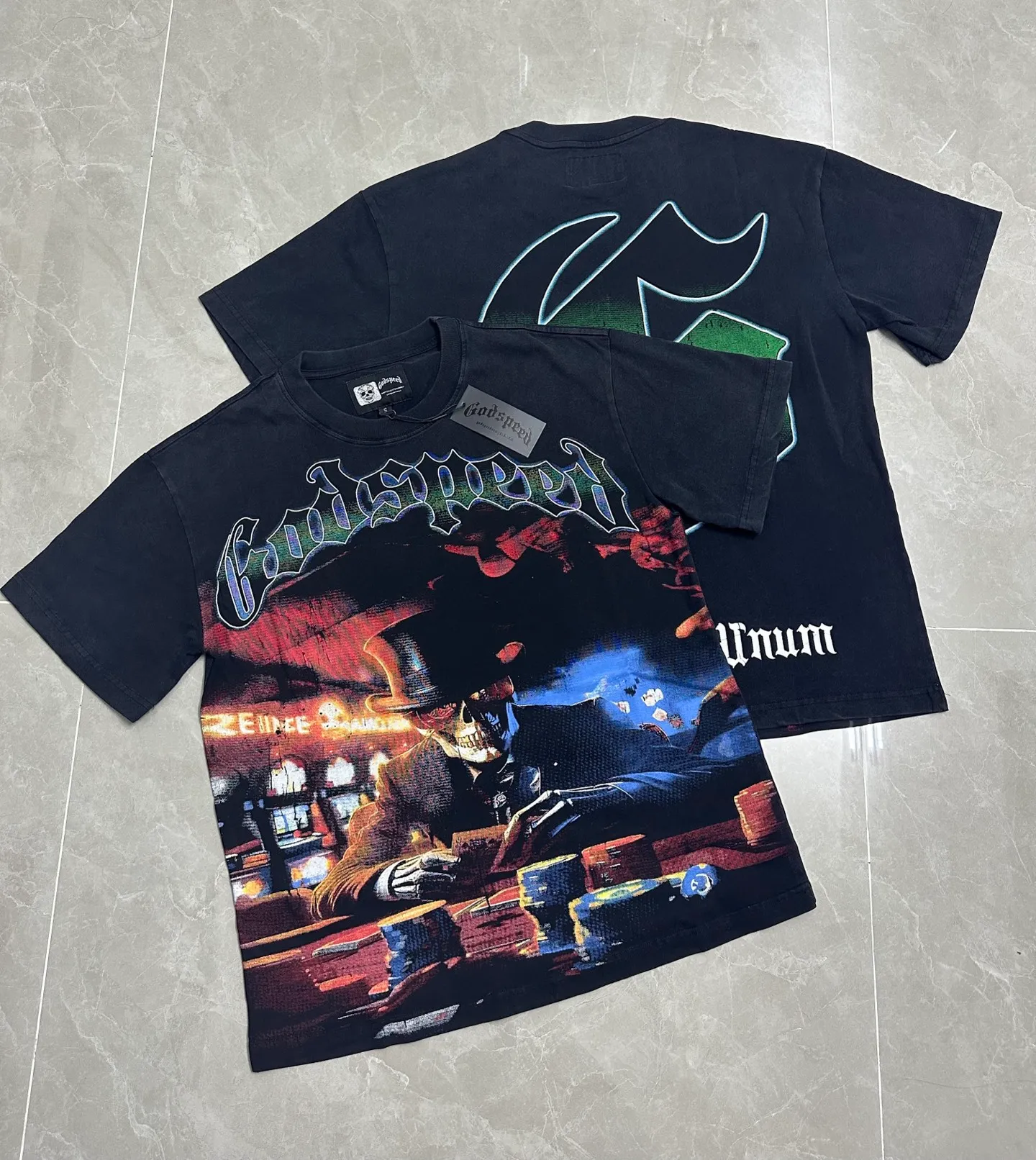 6060#washed black I P116 HD printing real shot details Godspeed cross-border American rock and roll street washed retro style short-sleeved T (craft printing) fabric (fabric): 32 count combed double yarn 250g weight code number (size): S-M-L-XL color (colour): washed black