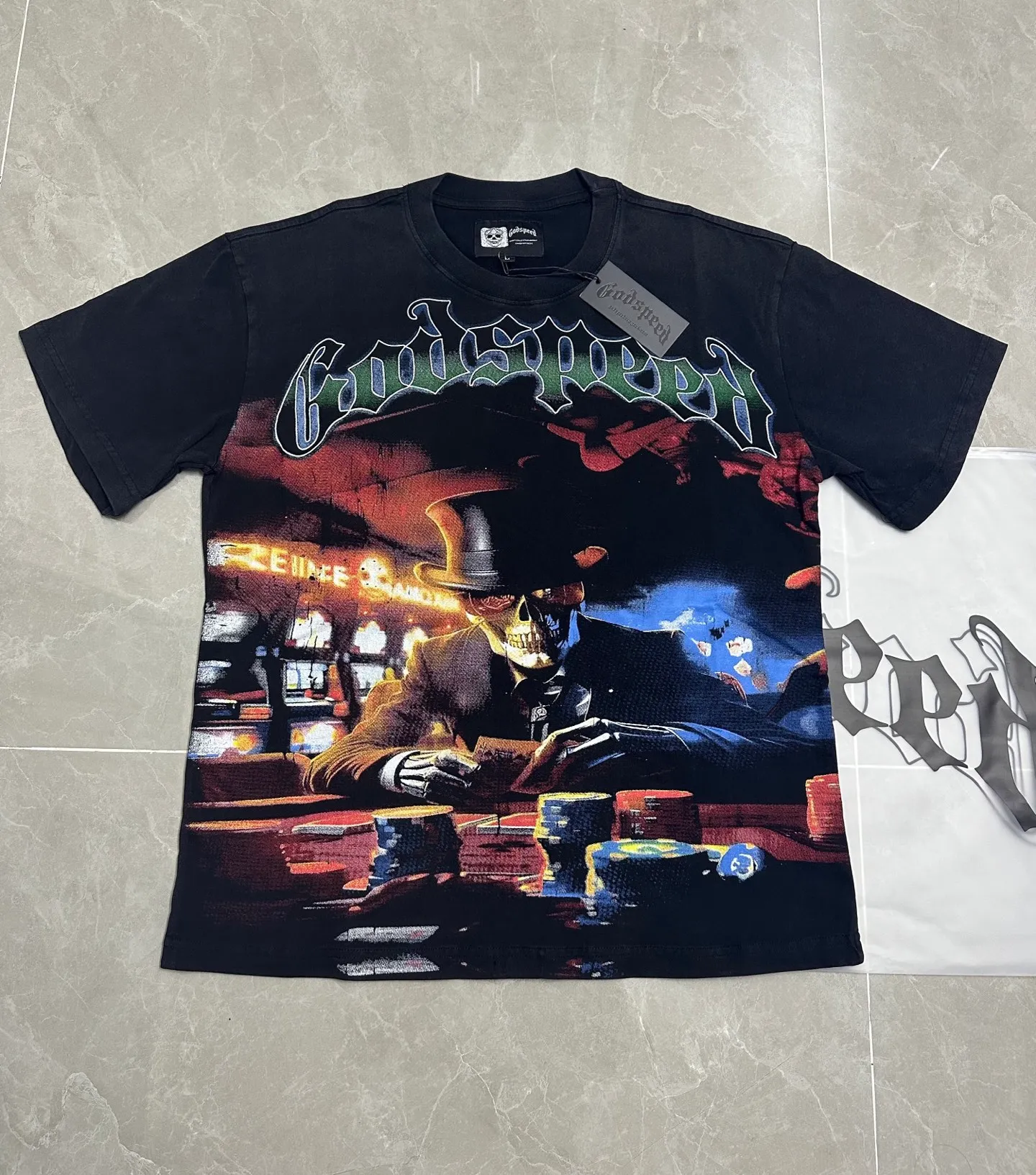 6060#washed black I P116 HD printing real shot details Godspeed cross-border American rock and roll street washed retro style short-sleeved T (craft printing) fabric (fabric): 32 count combed double yarn 250g weight code number (size): S-M-L-XL color (colour): washed black