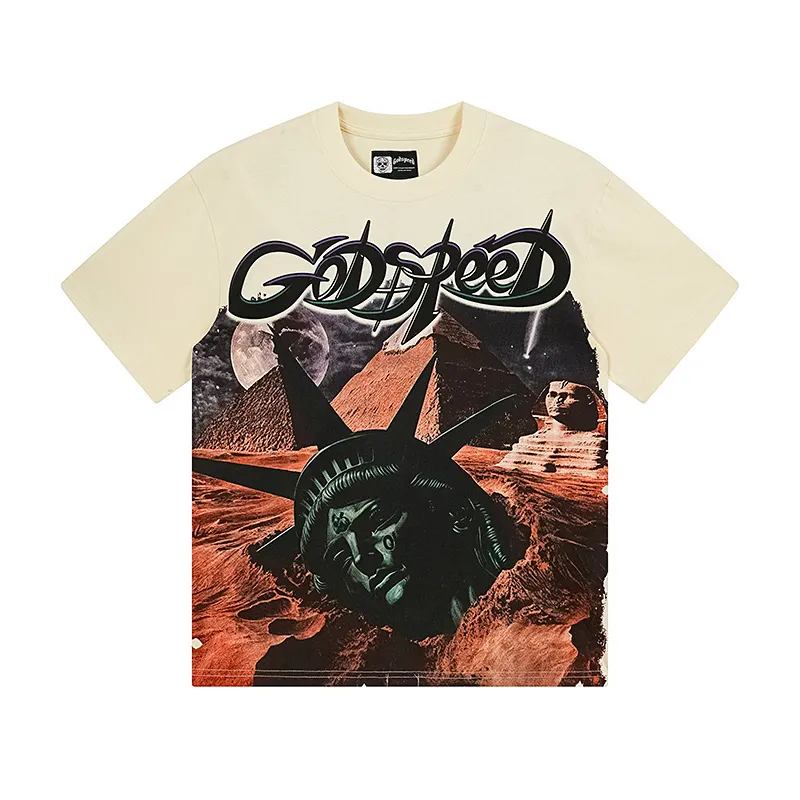 3168# P106 Real shot Godspeed American fashion rock street retro loose printed cotton short sleeves Fabric: 240g 32 count fine cotton double yarn pure cotton Color: apricot Size: S M L XL
