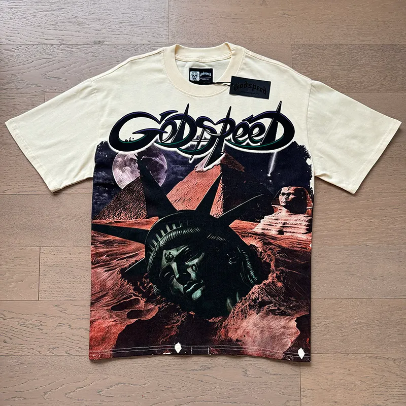 3168# P106 Real shot Godspeed American fashion rock street retro loose printed cotton short sleeves Fabric: 240g 32 count fine cotton double yarn pure cotton Color: apricot Size: S M L XL