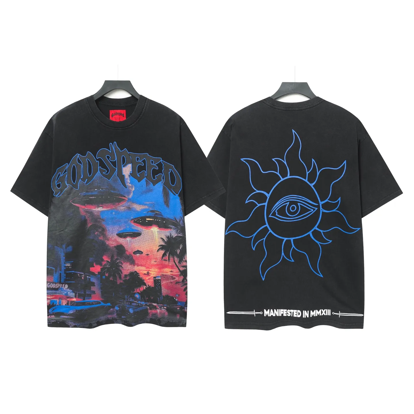6071# washed black I P116 Godspeed cross-border American rock and roll street washed retro style short-sleeved T (craft printing) fabric (fabric): 32 count combed double yarn 250 grams weight code number (size): S-M-L-XL color (colour): washed black