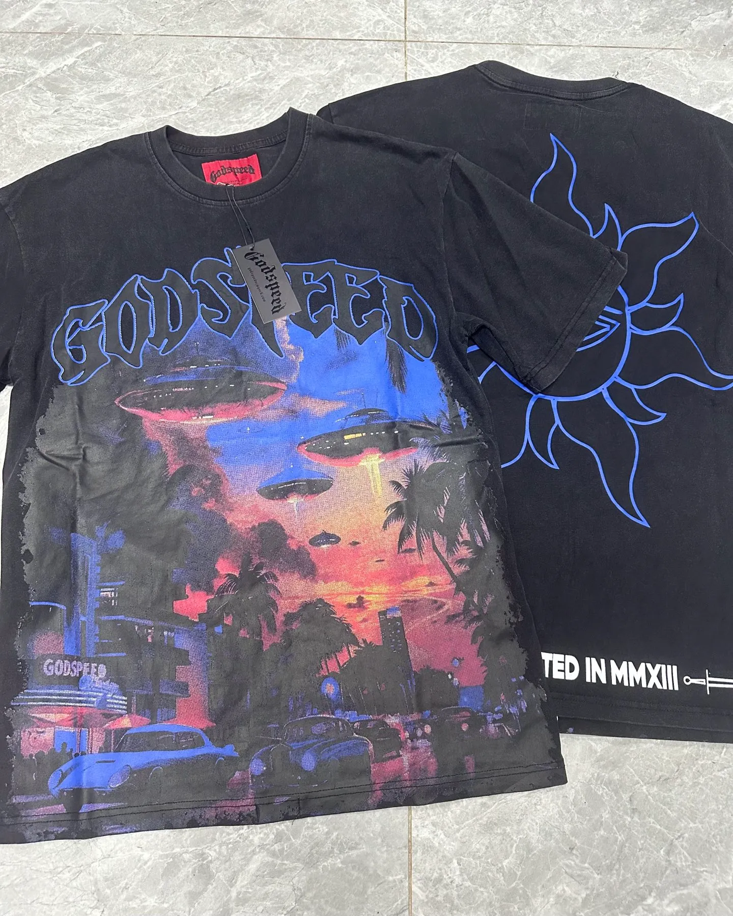 6071# washed black I P116 Godspeed cross-border American rock and roll street washed retro style short-sleeved T (craft printing) fabric (fabric): 32 count combed double yarn 250 grams weight code number (size): S-M-L-XL color (colour): washed black