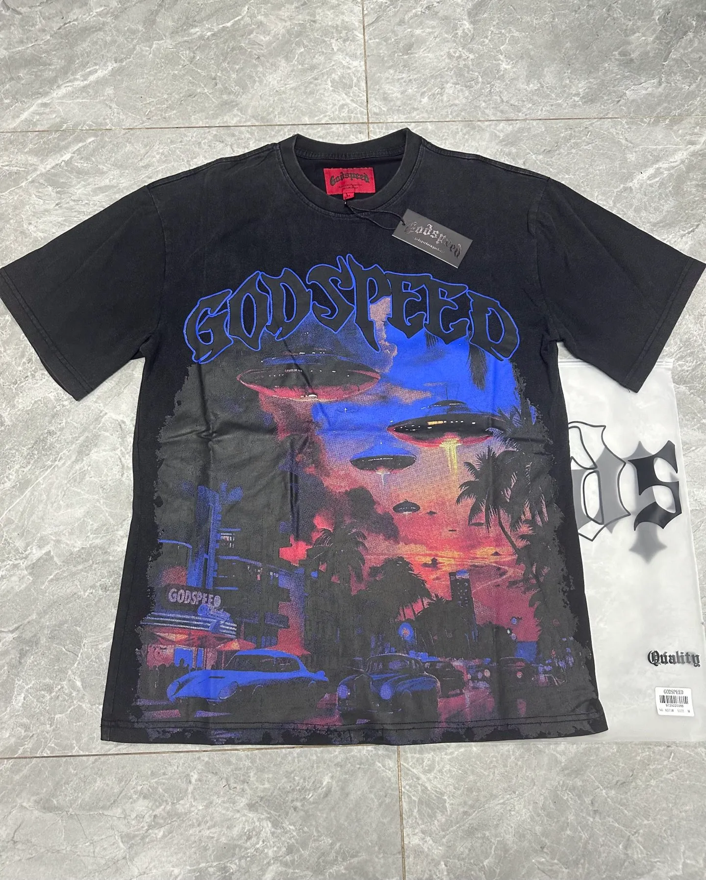 6071# washed black I P116 Godspeed cross-border American rock and roll street washed retro style short-sleeved T (craft printing) fabric (fabric): 32 count combed double yarn 250 grams weight code number (size): S-M-L-XL color (colour): washed black