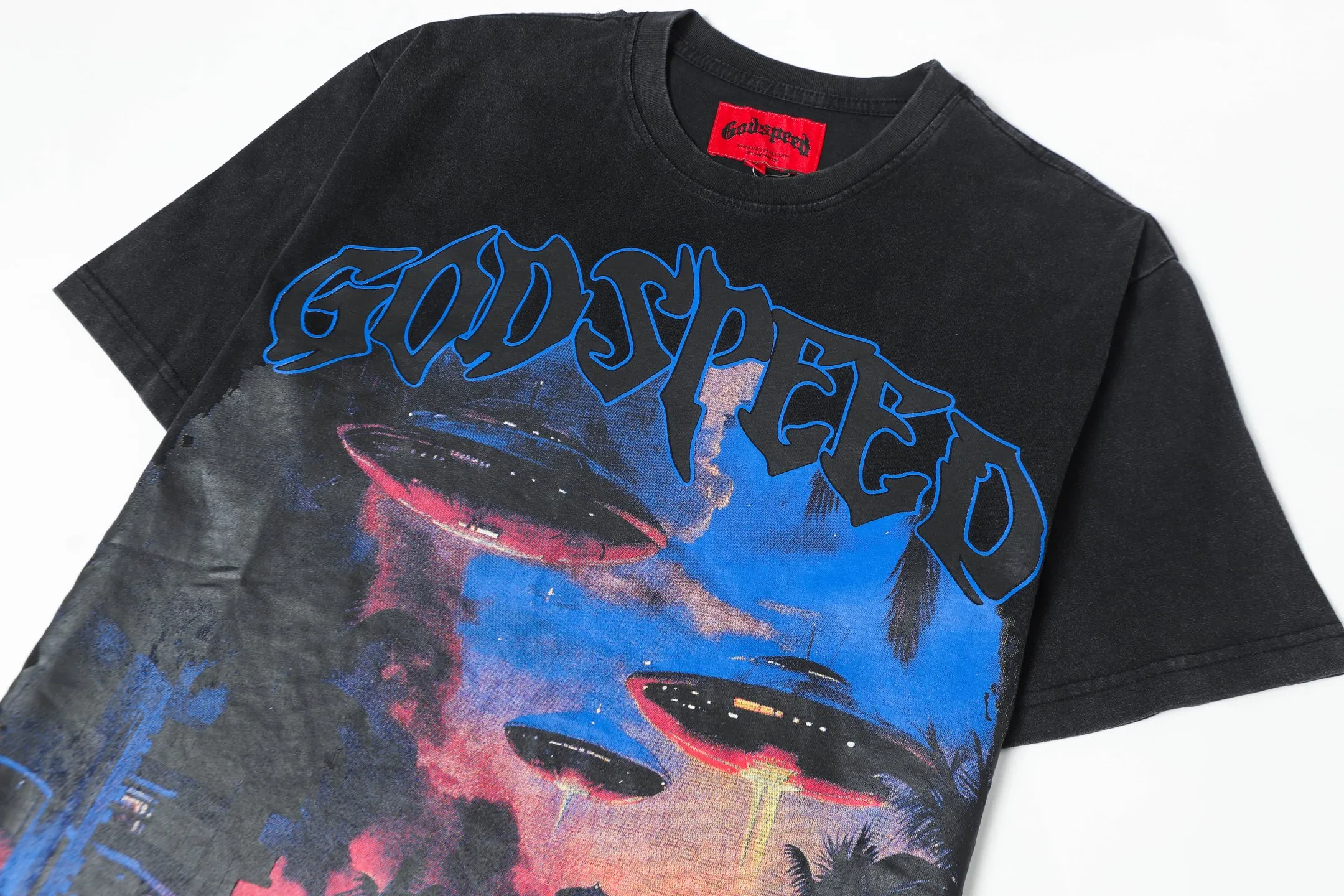 6071# washed black I P116 Godspeed cross-border American rock and roll street washed retro style short-sleeved T (craft printing) fabric (fabric): 32 count combed double yarn 250 grams weight code number (size): S-M-L-XL color (colour): washed black