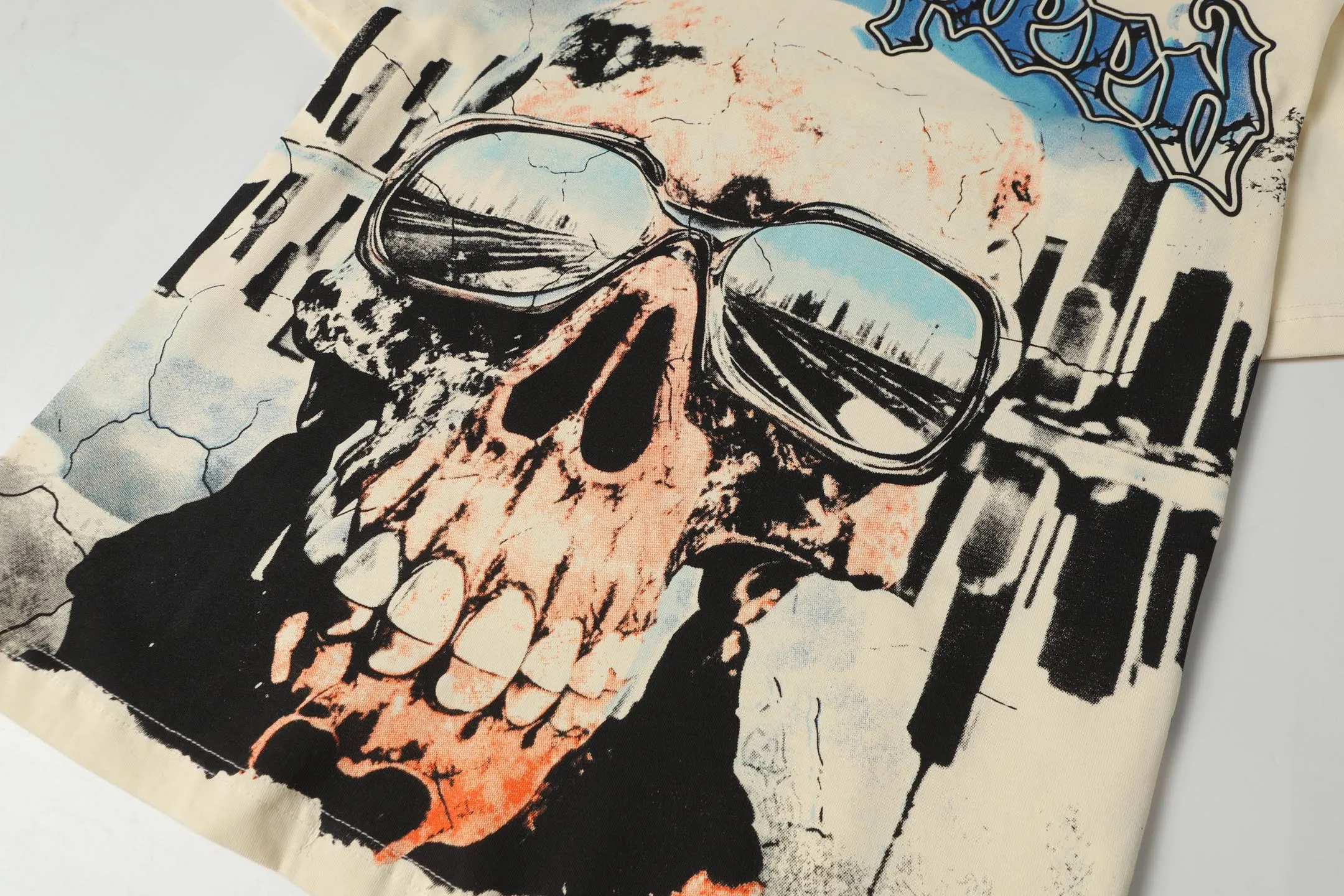 5061#apricot|P104 Godspeed cross-border American rock and roll street washed retro style short-sleeved T (craft printing) fabric (fabric) 32 counts combed double yarn 240 grams weight code number (size): S-M-L-XL color (colour): apricot