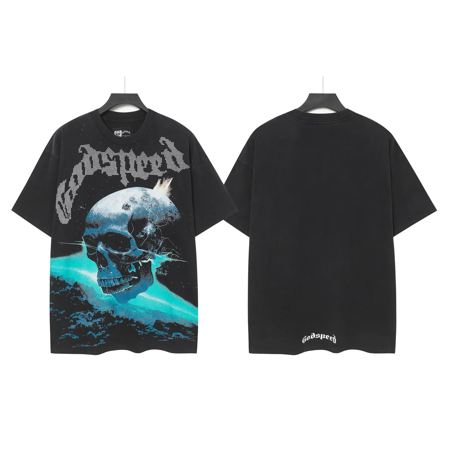6090#washed black I P116 Godspeed cross-border American rock and roll street washed retro style short-sleeved T (craft printing) fabric (fabric): 32 count combed double yarn 250 grams weight code number (size): S-M-L-XL color (colour): washed black 👉