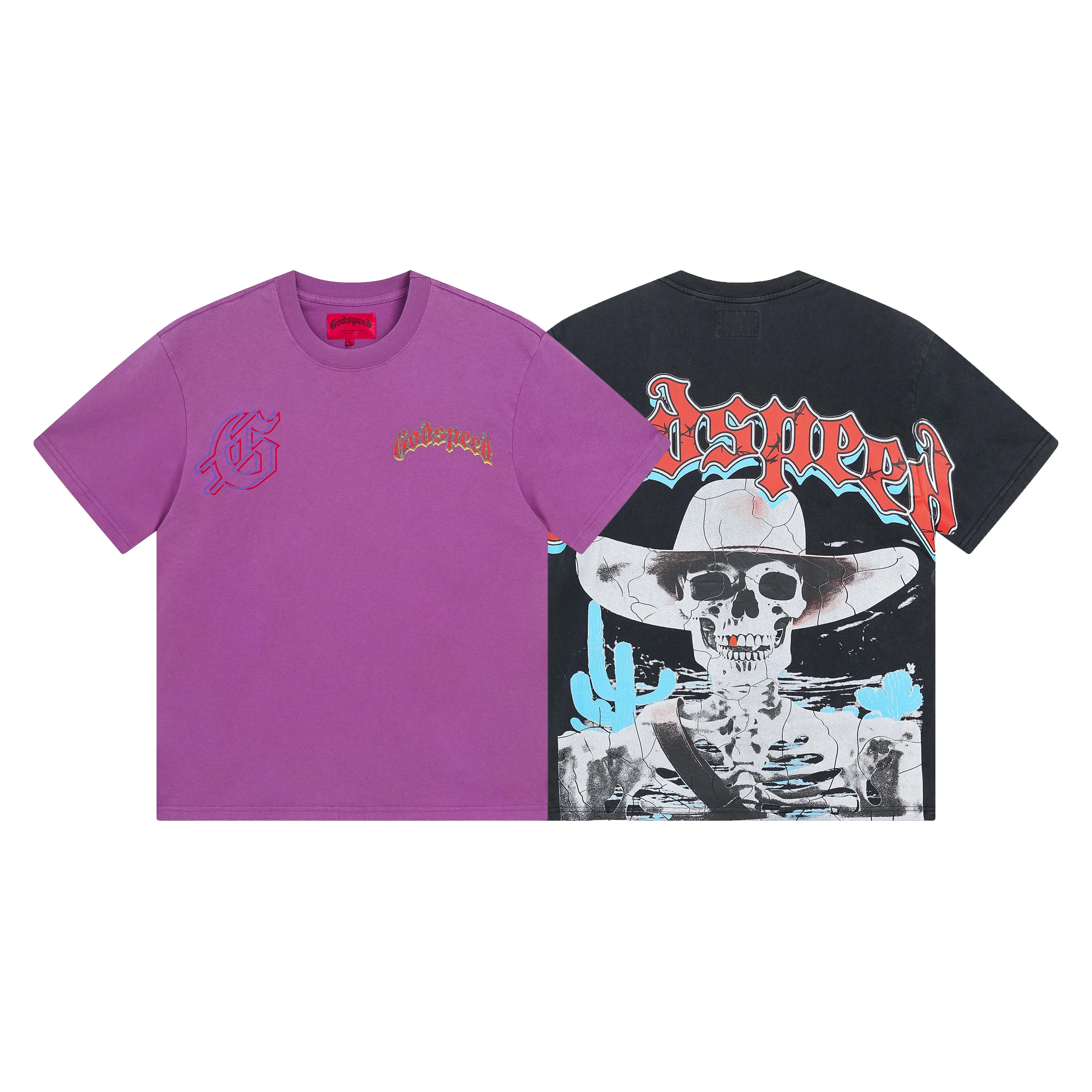 1018# P126 Washed model Real shot Godspeed American fashion rock street retro washed distressed printed cotton short-sleeved fabric: 250g 32 count fine cotton double yarn pure cotton Color: washed black washed purple code number: S M L XL