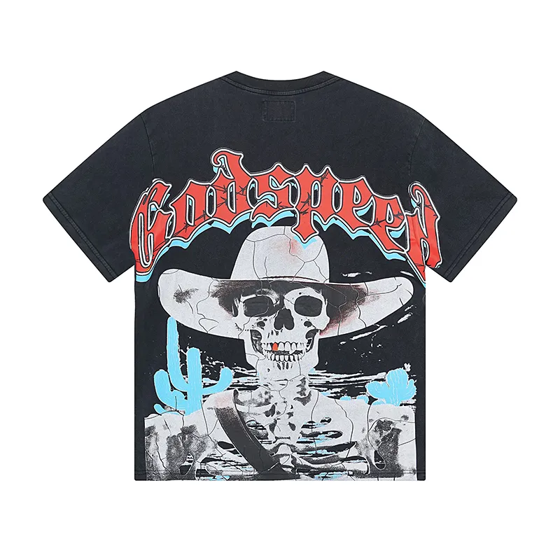 1018# P126 Washed model Real shot Godspeed American fashion rock street retro washed distressed printed cotton short-sleeved fabric: 250g 32 count fine cotton double yarn pure cotton Color: washed black washed purple code number: S M L XL