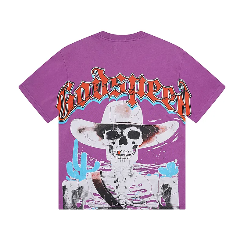 1018# P126 Washed model Real shot Godspeed American fashion rock street retro washed distressed printed cotton short-sleeved fabric: 250g 32 count fine cotton double yarn pure cotton Color: washed black washed purple code number: S M L XL
