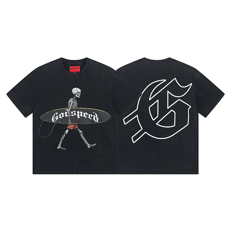 1025# P126 Washed Black Real Shot Godspeed American Fashion Rock Street Retro Washed Distressed Printed Pure Cotton Short Sleeves Fabric: 250g 32 Count Fine Cotton Double Yarn Pure Cotton Color: Washed Black Size: S M L XL