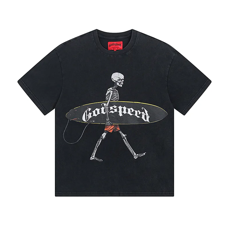 1025# P126 Washed Black Real Shot Godspeed American Fashion Rock Street Retro Washed Distressed Printed Pure Cotton Short Sleeves Fabric: 250g 32 Count Fine Cotton Double Yarn Pure Cotton Color: Washed Black Size: S M L XL
