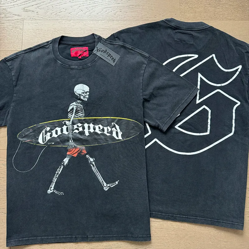 1025# P126 Washed Black Real Shot Godspeed American Fashion Rock Street Retro Washed Distressed Printed Pure Cotton Short Sleeves Fabric: 250g 32 Count Fine Cotton Double Yarn Pure Cotton Color: Washed Black Size: S M L XL