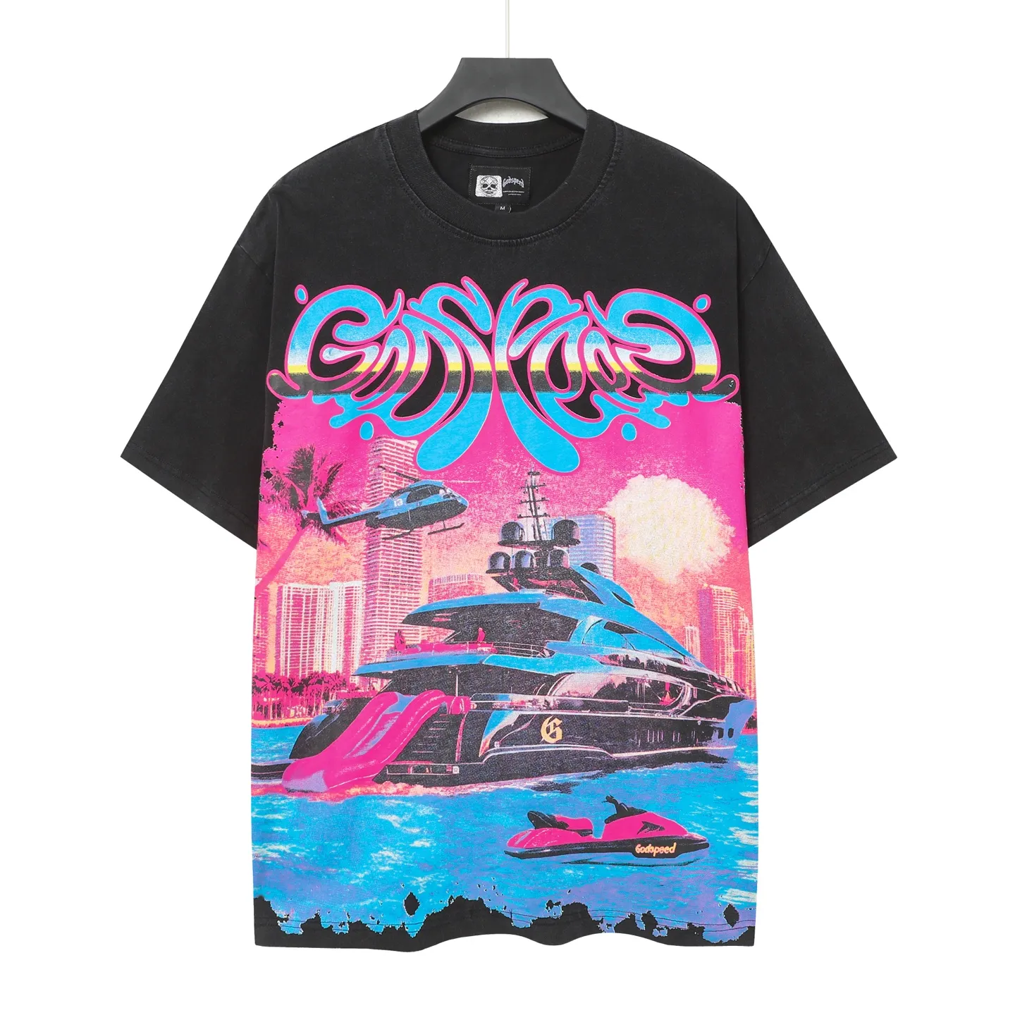 6080#washed black I P116 Godspeed cross-border American rock and roll street washed retro style short-sleeved T (craft printing) fabric (fabric): 32 count combed double yarn 250 grams weight code number (size): S-M-L-XL color (colour): washed black