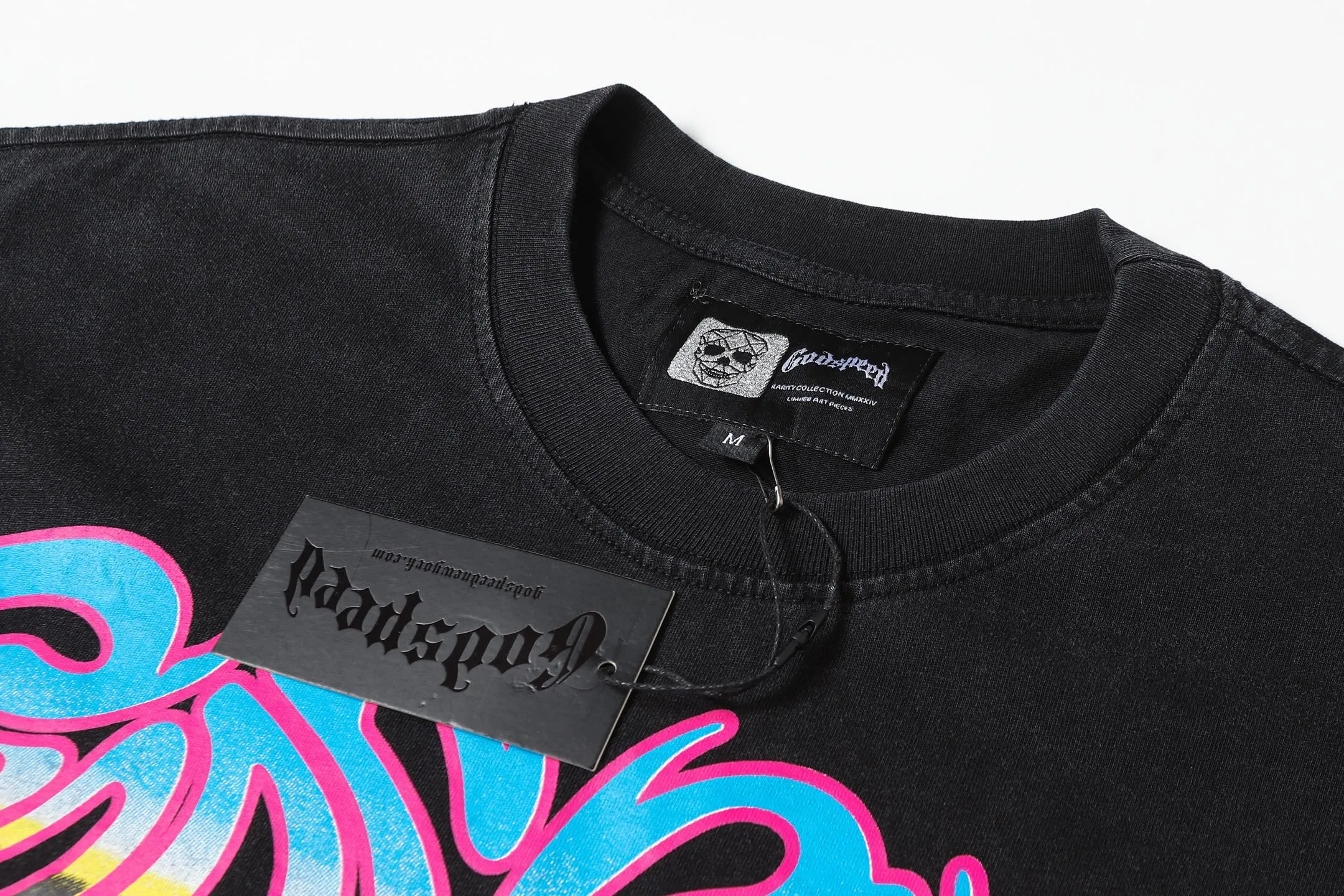 6080#washed black I P116 Godspeed cross-border American rock and roll street washed retro style short-sleeved T (craft printing) fabric (fabric): 32 count combed double yarn 250 grams weight code number (size): S-M-L-XL color (colour): washed black