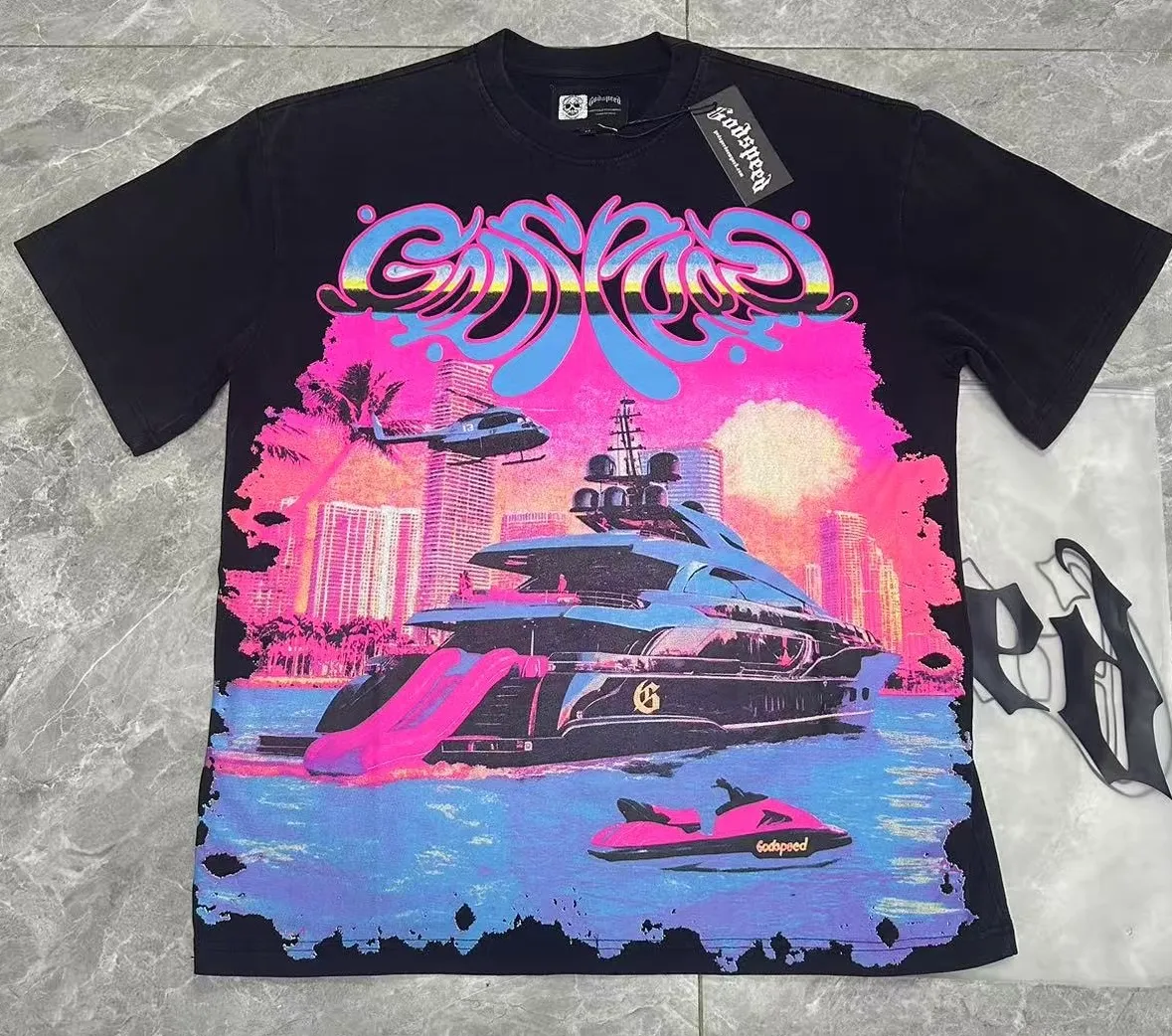 6080#washed black I P116 Godspeed cross-border American rock and roll street washed retro style short-sleeved T (craft printing) fabric (fabric): 32 count combed double yarn 250 grams weight code number (size): S-M-L-XL color (colour): washed black