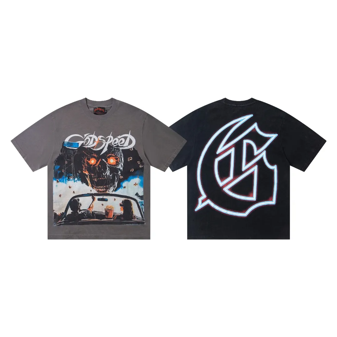 G31# GodSpeed ​​white ink direct spray washed short-sleeved S-XL size black (washed) P126 gray (washed) P126