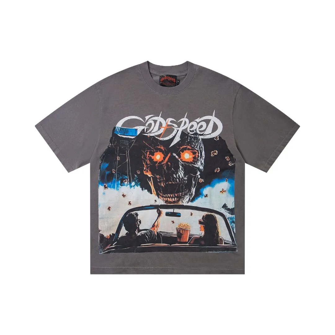 G31# GodSpeed ​​white ink direct spray washed short-sleeved S-XL size black (washed) P126 gray (washed) P126
