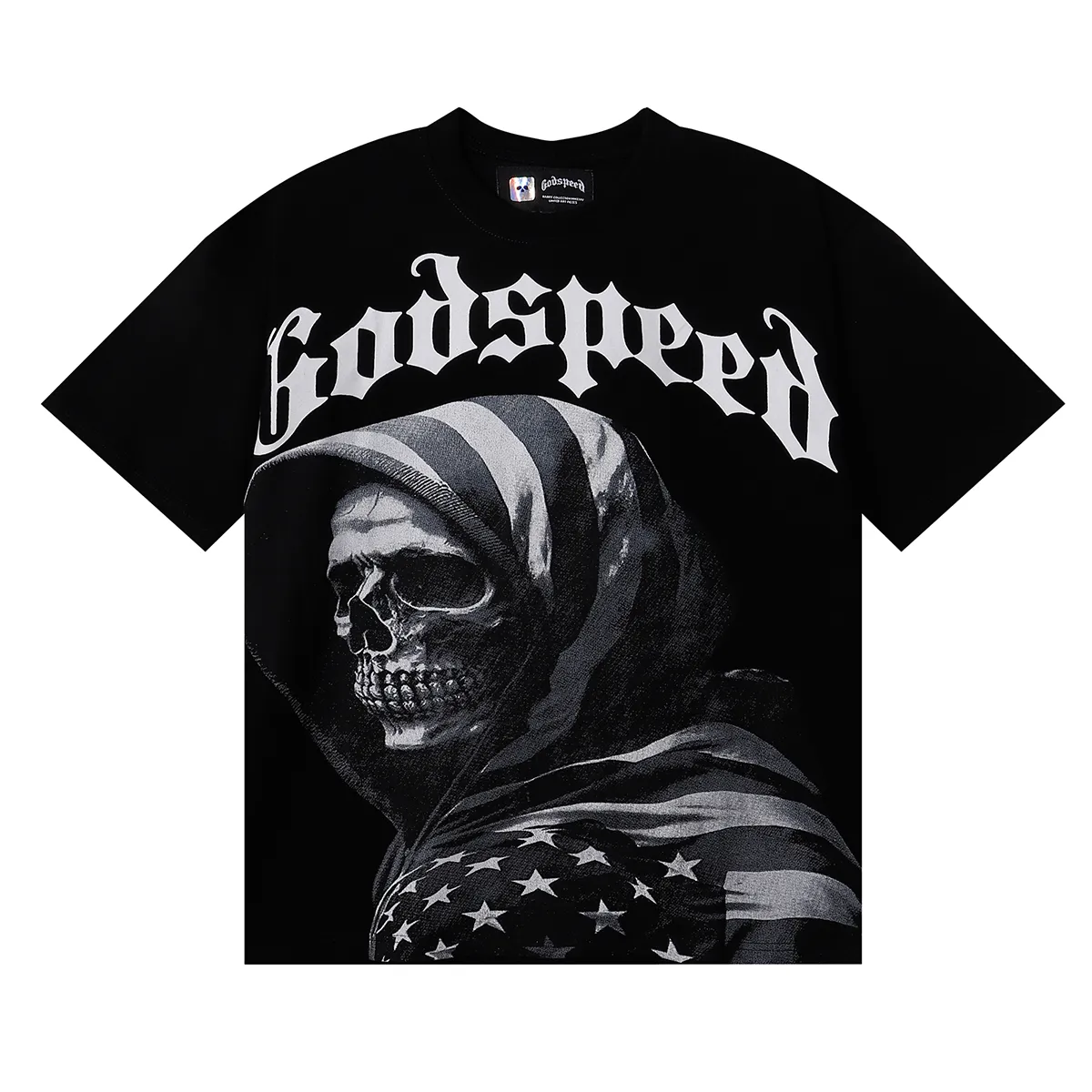 No. 7066, Mechao Godspeed American flag skull print high weight double yarn pure cotton casual short-sleeved T-shirt batch 110 Color: black; Size: S M L XL