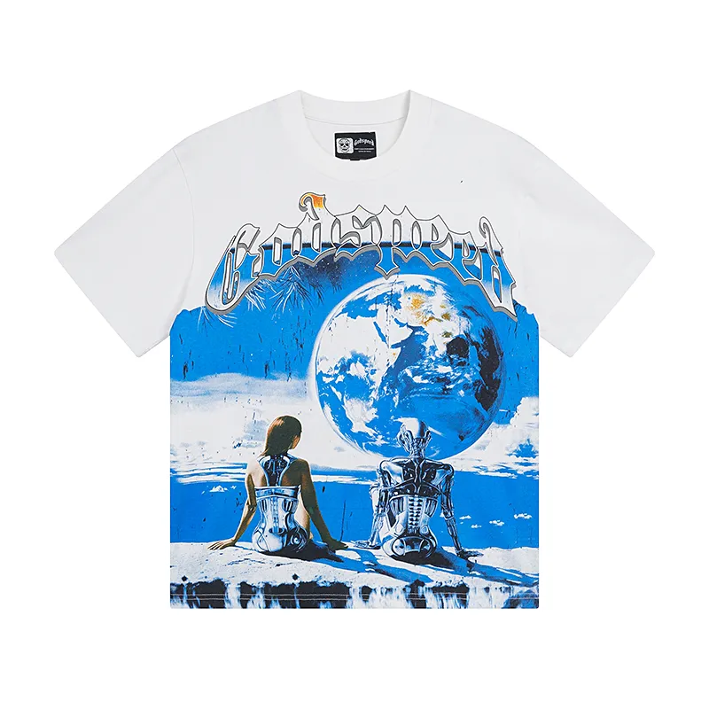3005# P110 Real shot Godspeed American fashion rock street retro loose printed cotton short sleeves Fabric: 240g 32 count fine cotton double yarn pure cotton Color: off-white Size: S M L XL