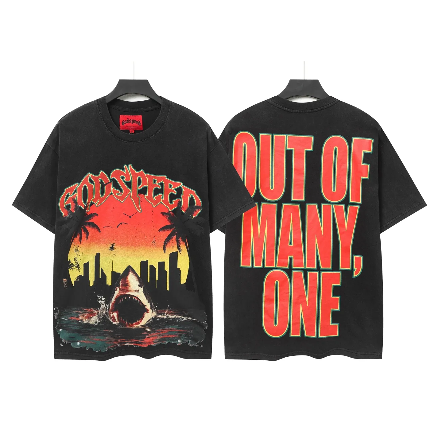 6045# washed black｜P116 Godspeed cross-border American rock and roll street washed retro style short-sleeved T (craft printing) fabric (fabric): 32 count combed double yarn 250 grams weight code (size): S-M-L-XL color (colour): washed black 👉