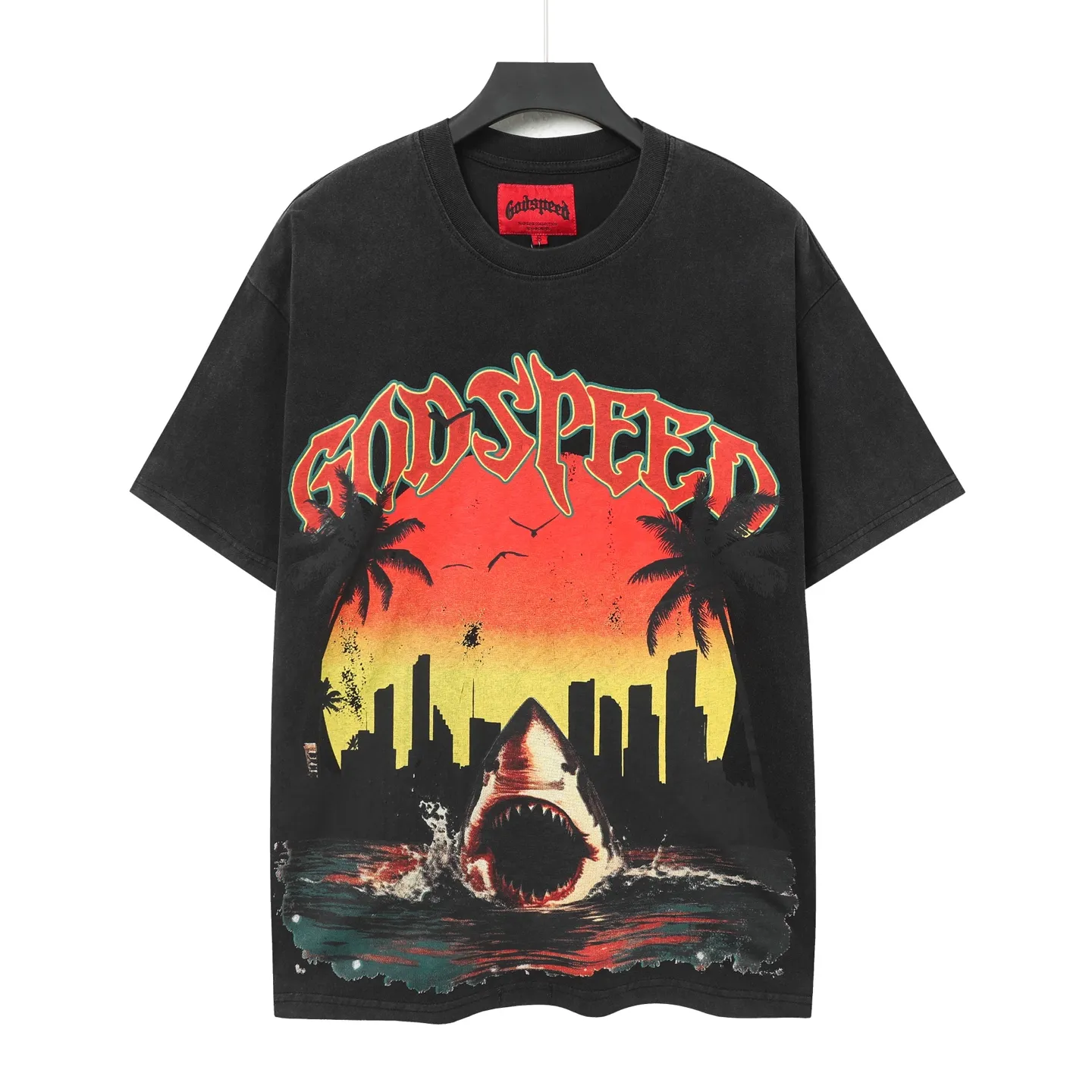 6045# washed black｜P116 Godspeed cross-border American rock and roll street washed retro style short-sleeved T (craft printing) fabric (fabric): 32 count combed double yarn 250 grams weight code (size): S-M-L-XL color (colour): washed black 👉
