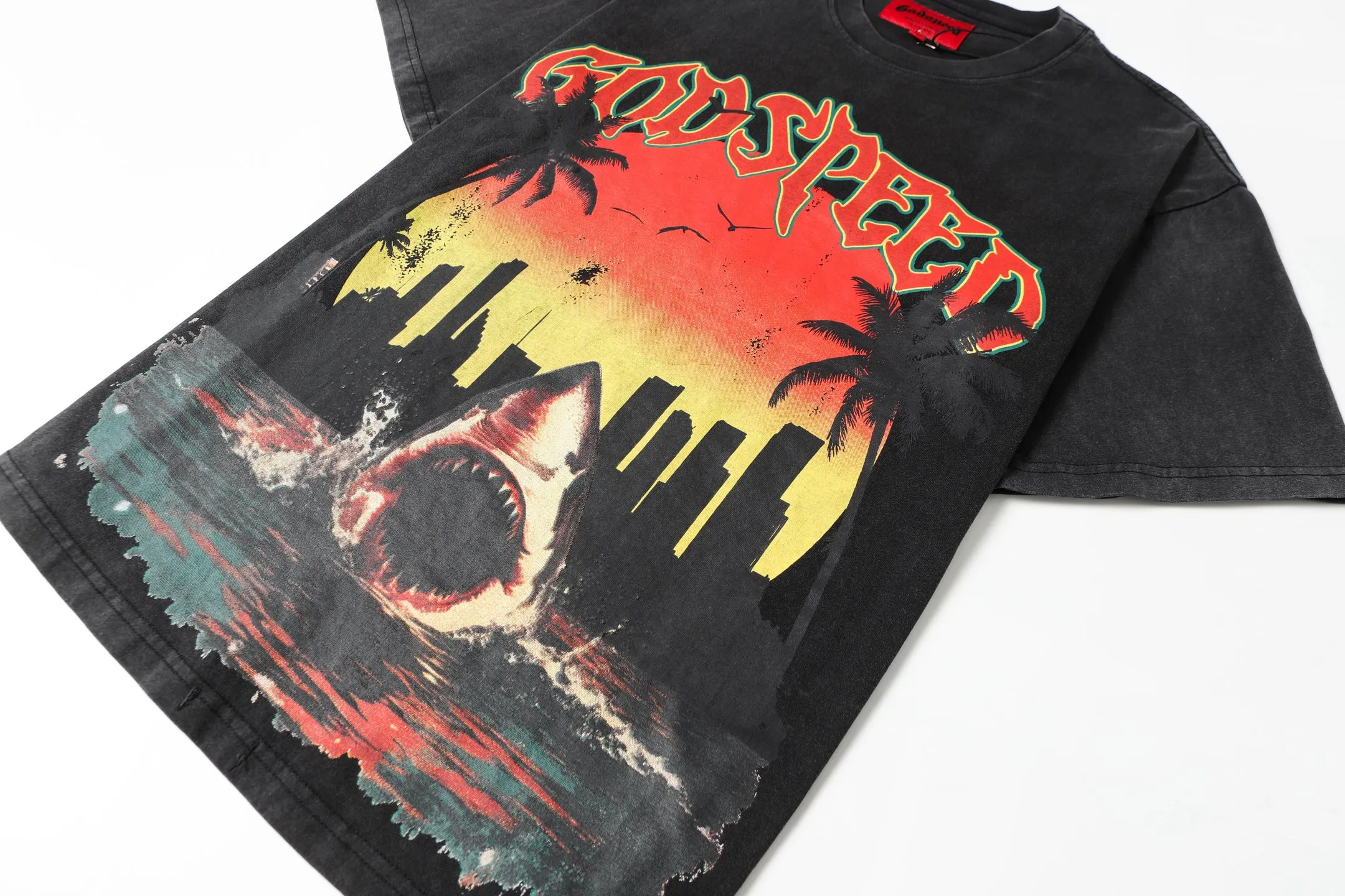 6045# washed black｜P116 Godspeed cross-border American rock and roll street washed retro style short-sleeved T (craft printing) fabric (fabric): 32 count combed double yarn 250 grams weight code (size): S-M-L-XL color (colour): washed black 👉