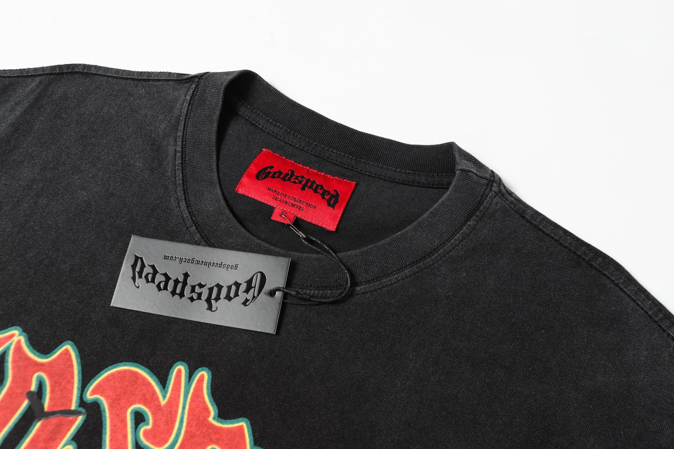 6045# washed black｜P116 Godspeed cross-border American rock and roll street washed retro style short-sleeved T (craft printing) fabric (fabric): 32 count combed double yarn 250 grams weight code (size): S-M-L-XL color (colour): washed black 👉