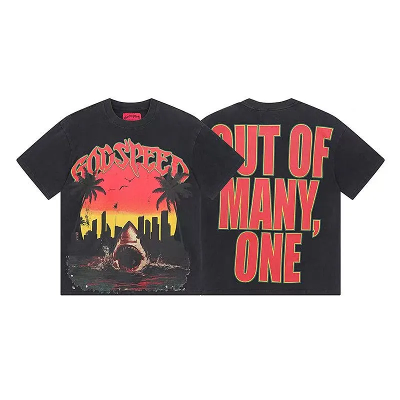 6045# washed black｜P116 Godspeed cross-border American rock and roll street washed retro style short-sleeved T (craft printing) fabric (fabric): 32 count combed double yarn 250 grams weight code (size): S-M-L-XL color (colour): washed black 👉