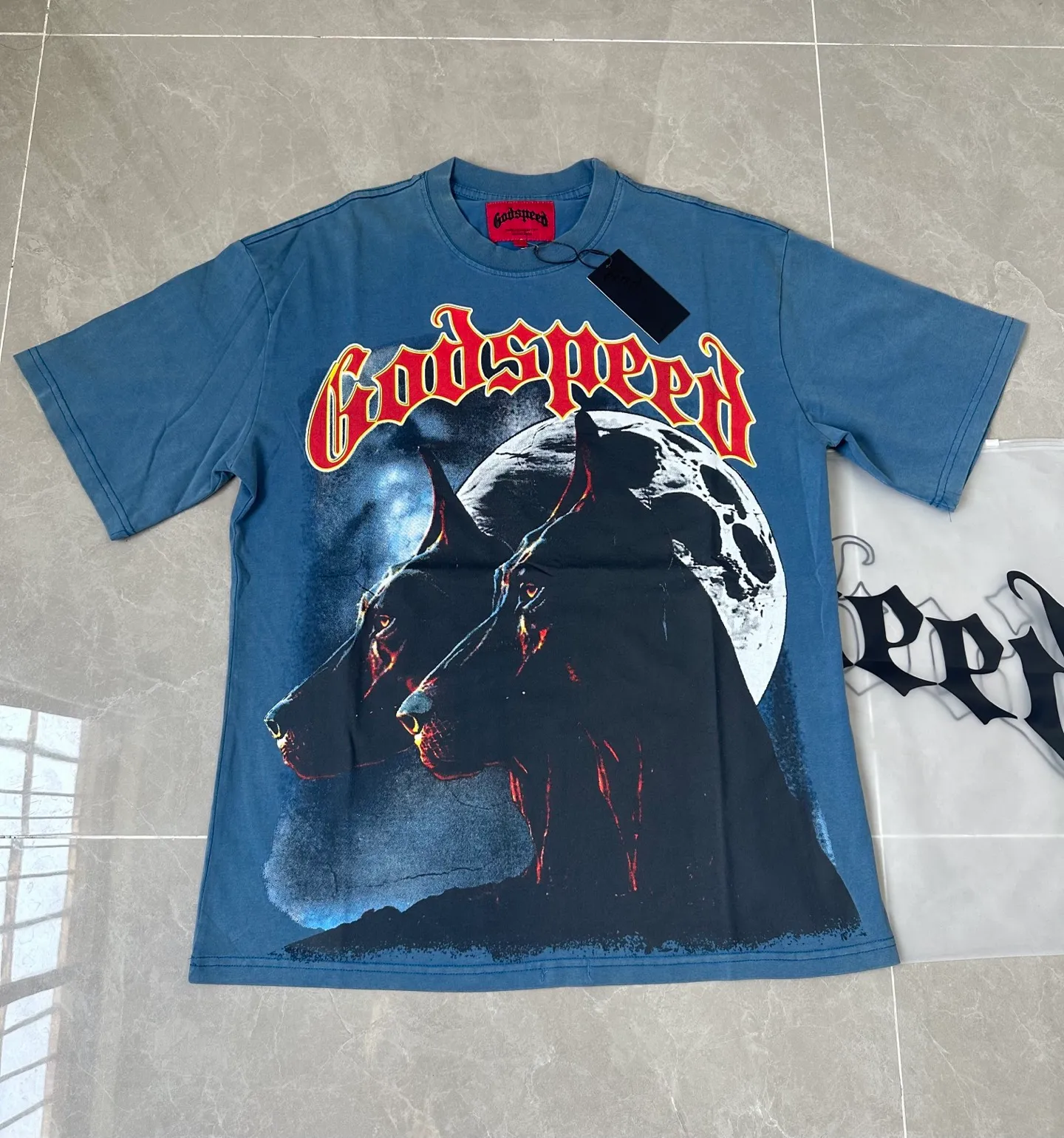6001# washed denim blue (increased color) P116 godspeed cross-border European and American style street brand pure cotton T-shirt Fabric (fabric): 32 counts 250g washed combed double yarn pure cotton Size (size): S-M- L- X L Color (colour): washed denim blue/washed black