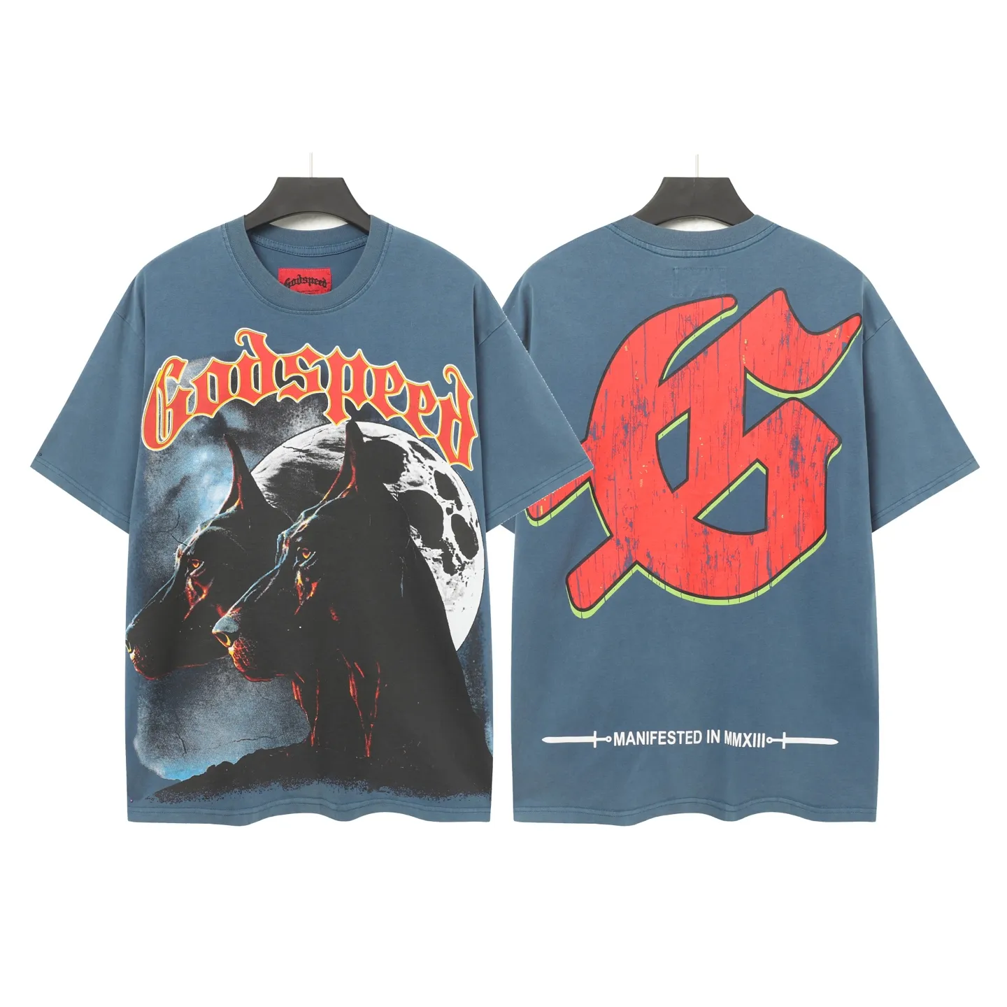 6001# washed denim blue (increased color) P116 godspeed cross-border European and American style street brand pure cotton T-shirt Fabric (fabric): 32 counts 250g washed combed double yarn pure cotton Size (size): S-M- L- X L Color (colour): washed denim blue/washed black