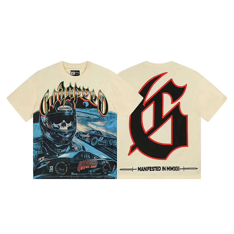3165# P106 Real shot Godspeed American fashion rock street retro loose printed cotton short sleeves Fabric: 240g 32 count fine cotton double yarn pure cotton Color: apricot Size: S M L XL
