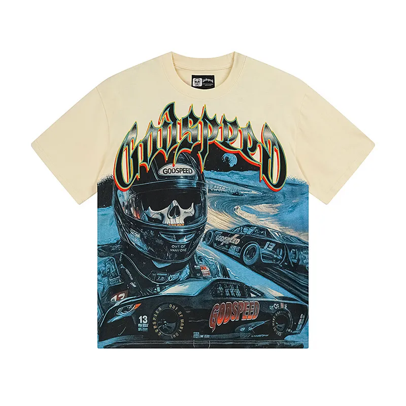 3165# P106 Real shot Godspeed American fashion rock street retro loose printed cotton short sleeves Fabric: 240g 32 count fine cotton double yarn pure cotton Color: apricot Size: S M L XL