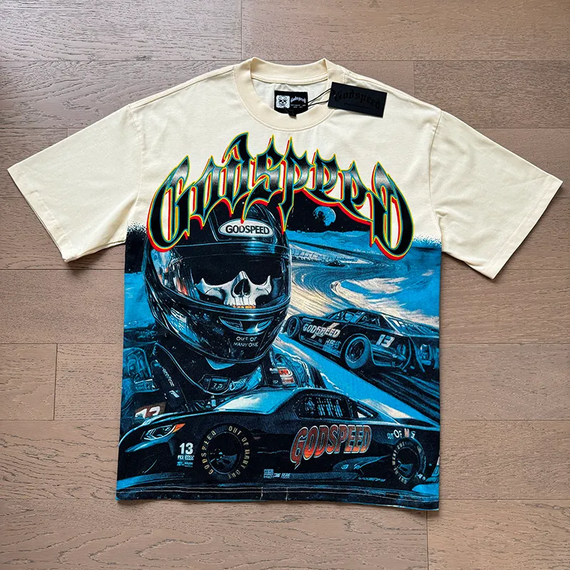 3165# P106 Real shot Godspeed American fashion rock street retro loose printed cotton short sleeves Fabric: 240g 32 count fine cotton double yarn pure cotton Color: apricot Size: S M L XL