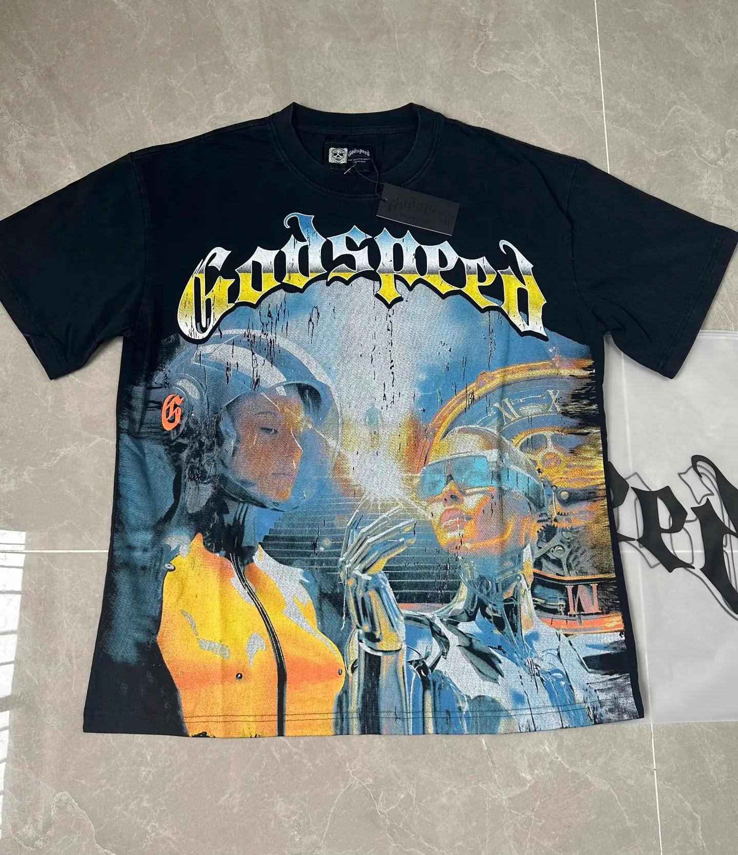 6012# Washed black | P116 Official high-definition proportional printing Godspeed cross-border American rock and roll street washed retro style short-sleeved T (craft printing) Fabric (fabric): 32-count combed double yarn 250 grams weight Size (size): S-M-L-XL Color (colour): Washed black