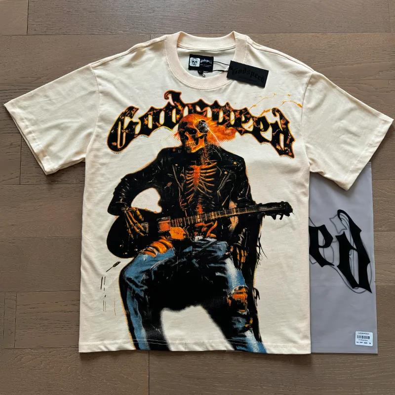 3008# P110 Real shot Godspeed American fashion rock street retro loose printed cotton short sleeves Fabric: 240g 32 count fine cotton double yarn pure cotton Color: apricot Size: S M L XL