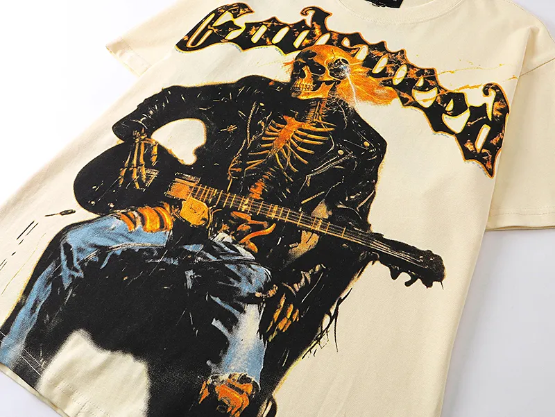 3008# P110 Real shot Godspeed American fashion rock street retro loose printed cotton short sleeves Fabric: 240g 32 count fine cotton double yarn pure cotton Color: apricot Size: S M L XL
