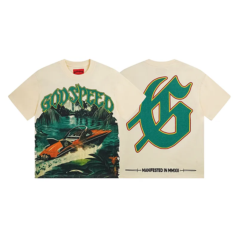 3067# P110 Real shot Godspeed American fashion rock street retro loose printed cotton short sleeves Fabric: 240g 32 count fine cotton double yarn pure cotton Color: apricot Size: S M L XL