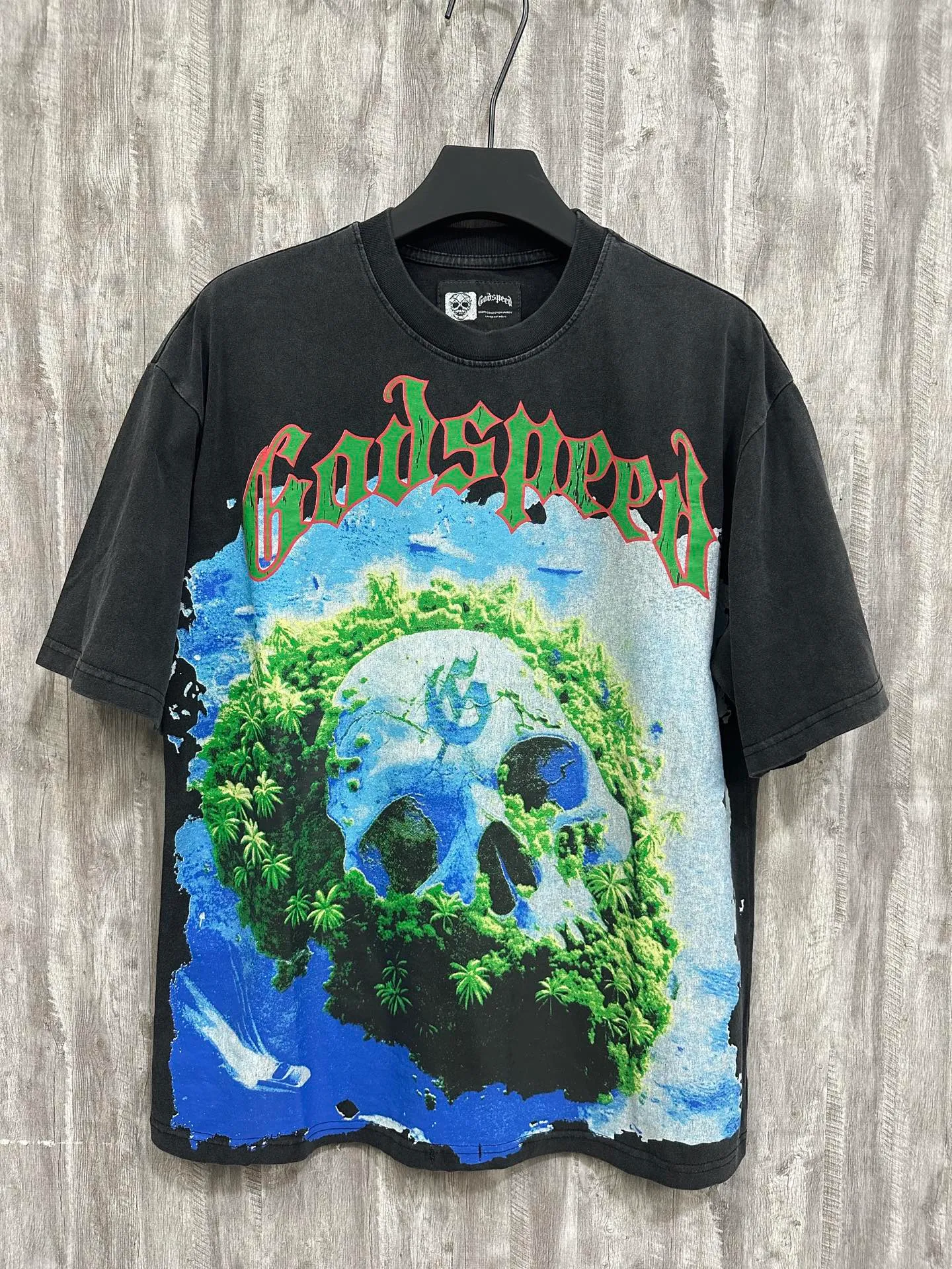 6005# washed black｜P116 Godspeed cross-border American rock and roll street washed retro style short-sleeved T (craft printing) fabric (fabric): 32-count combed double yarn 250 grams weight code number (size): S-M-L-XL color (colour): washed black