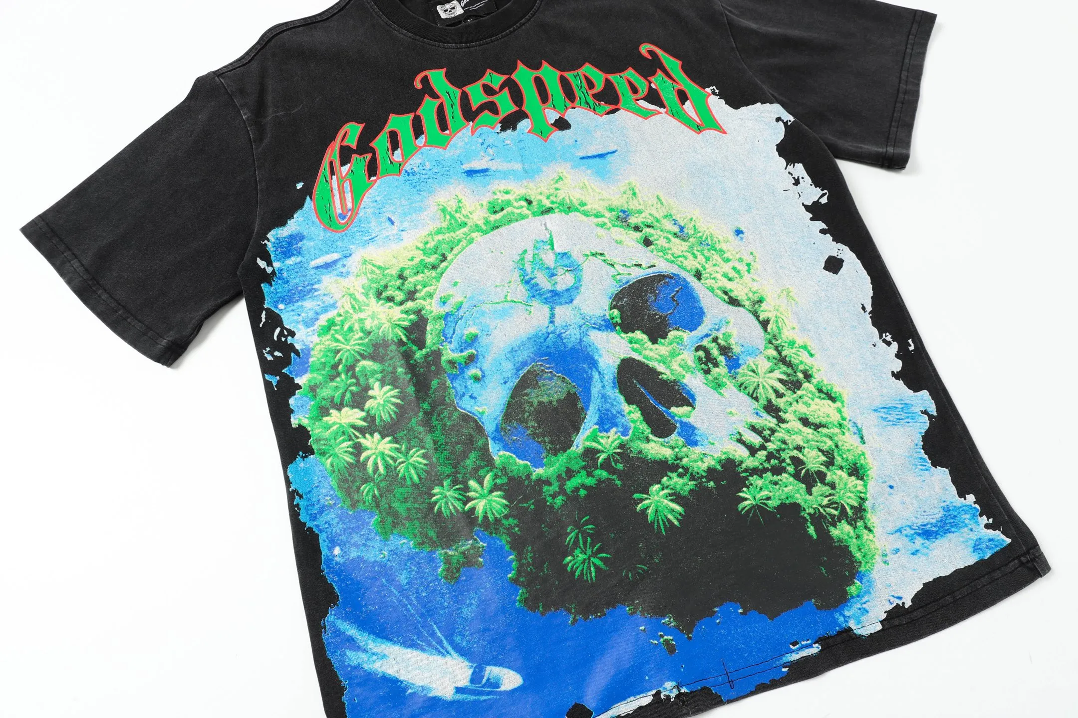 6005# washed black｜P116 Godspeed cross-border American rock and roll street washed retro style short-sleeved T (craft printing) fabric (fabric): 32-count combed double yarn 250 grams weight code number (size): S-M-L-XL color (colour): washed black